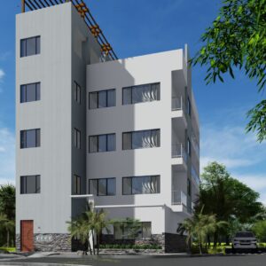 Plano de vivienda multifamiliar en 150 m2, en esquina en una calle.