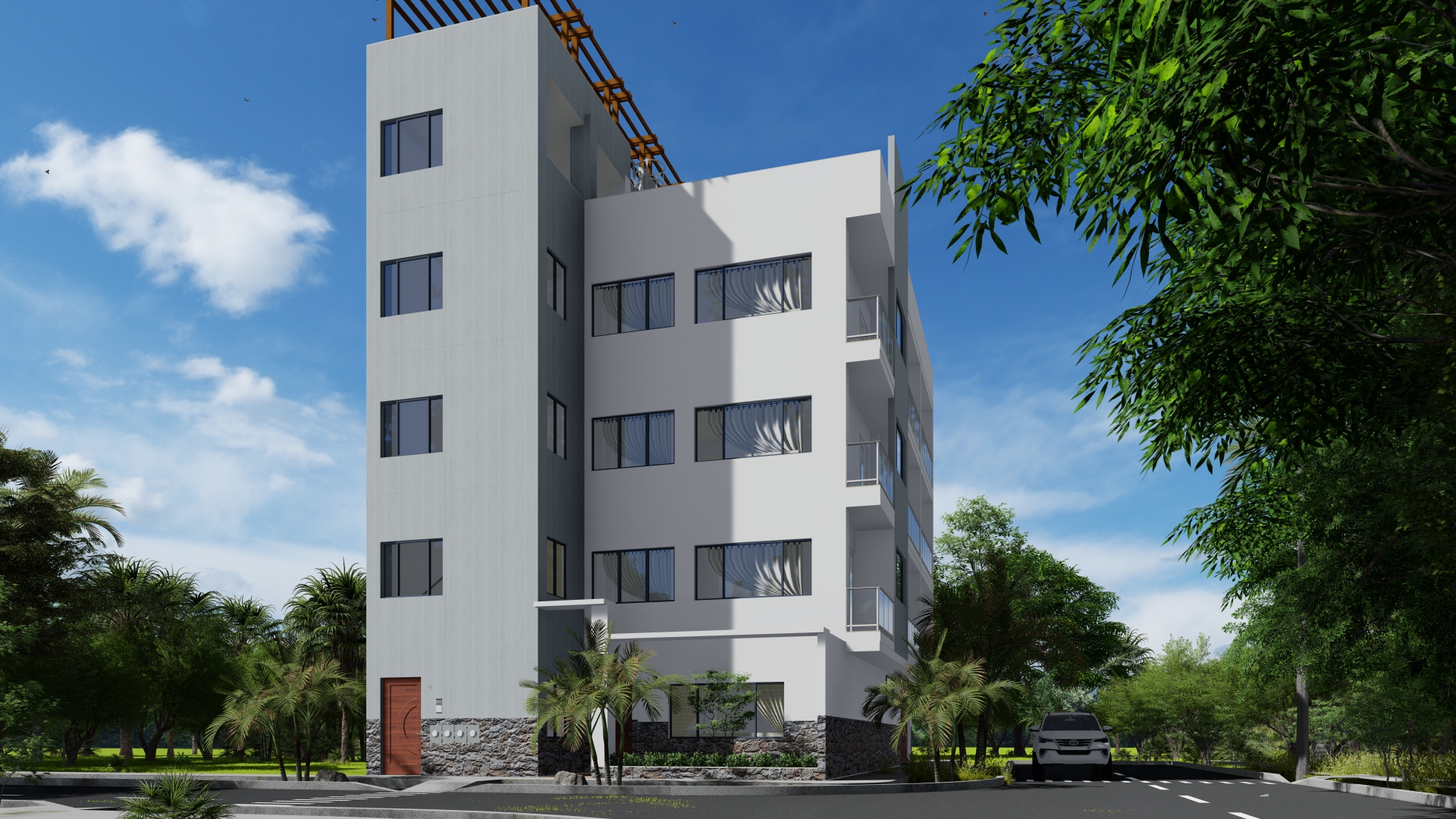 Plano de vivienda multifamiliar en 150 m2, en esquina en una calle.